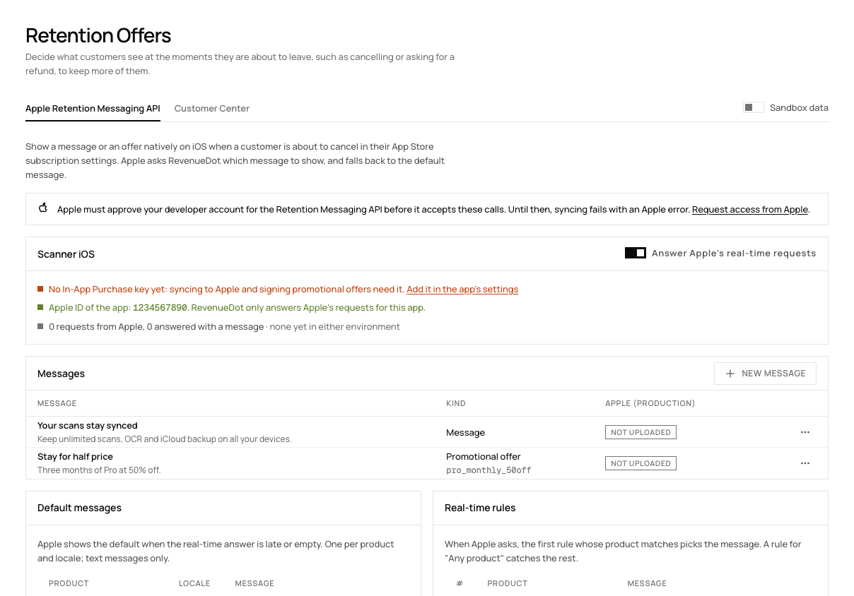 The RevenueDot Retention Offers page, Apple Retention Messaging API tab, with a message list and a notice that Apple must approve the developer account