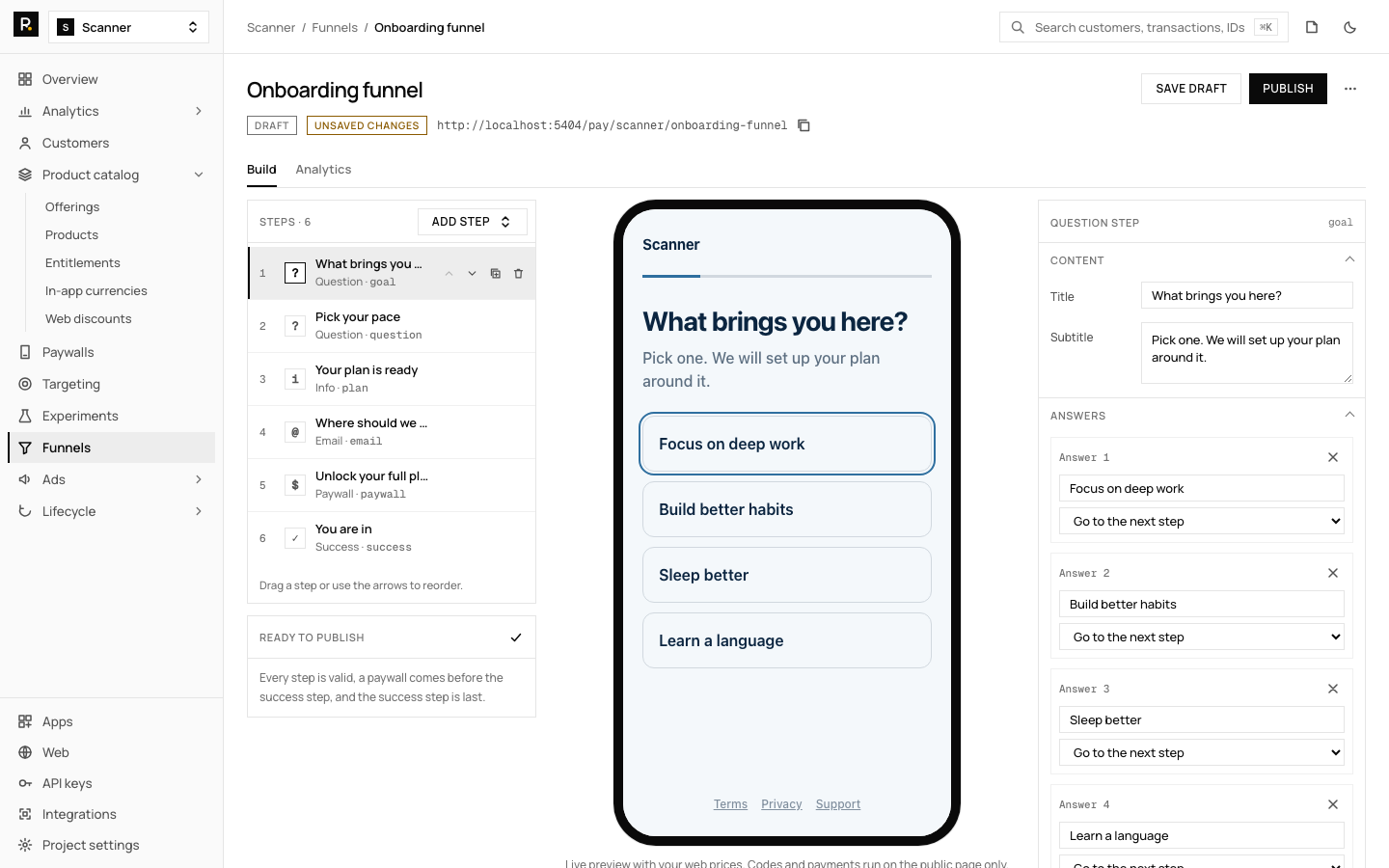 The funnel builder with steps on the left, properties in the middle and a phone preview on the right