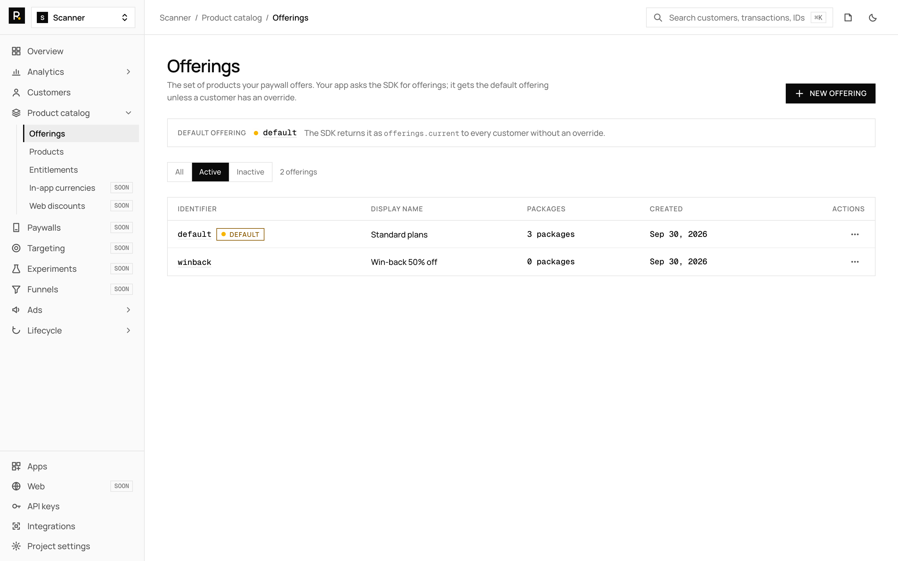 RevenueDot dashboard page listing an offering with its packages and attached products