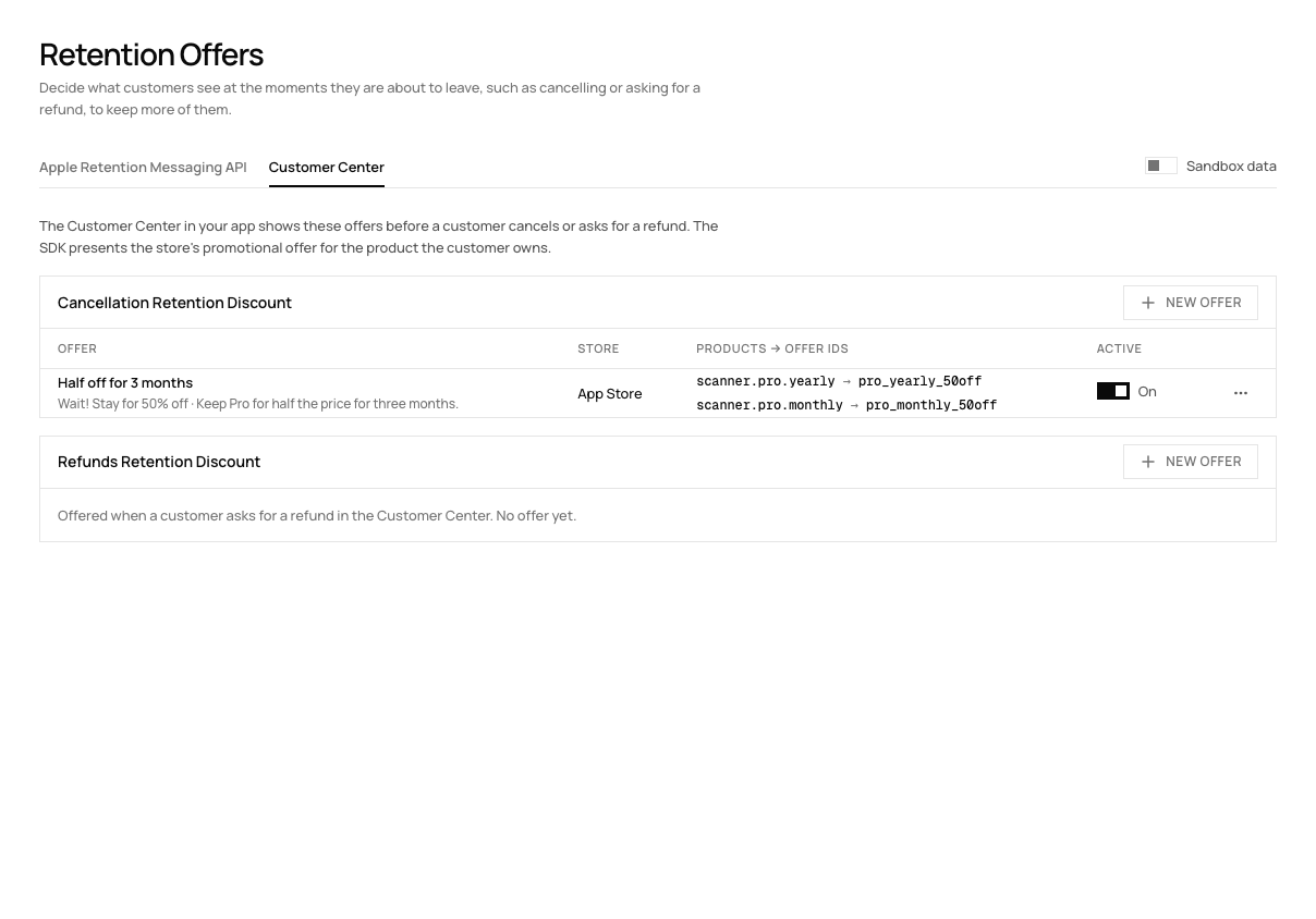 RevenueDot Retention Offers, Customer Center tab, with a Half off for 3 months cancellation offer