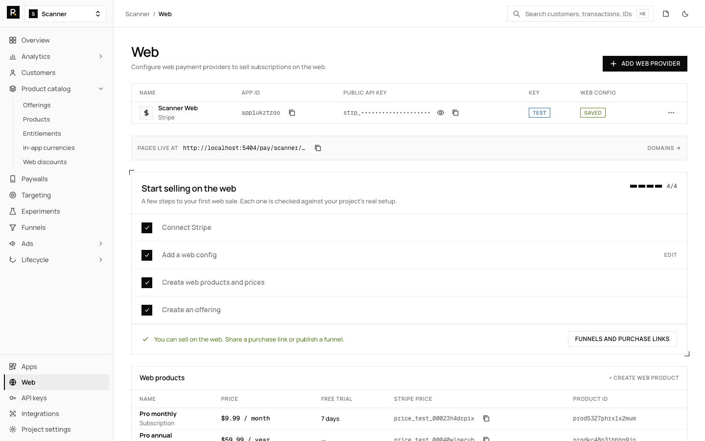 RevenueDot Web page with the setup checklist: connect Stripe, web config, web products and an offering
